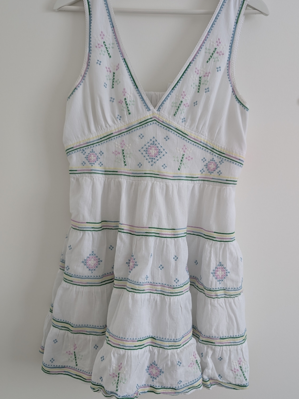 AE OUTFITTERS White Tiered Dress with Pastel Embroidery